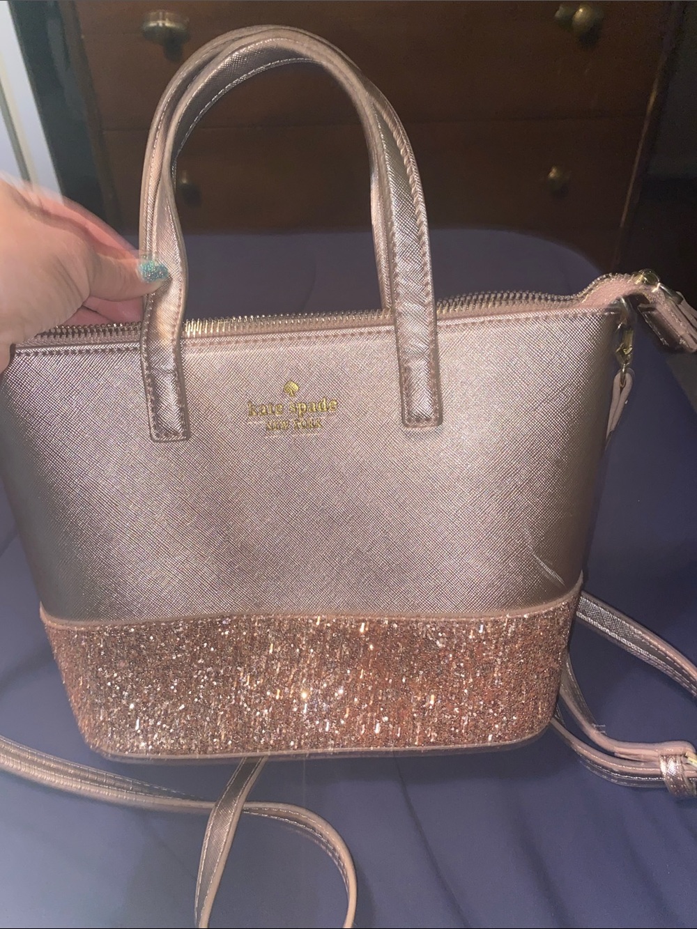 kate spade rose gold glitter crossbody satchel